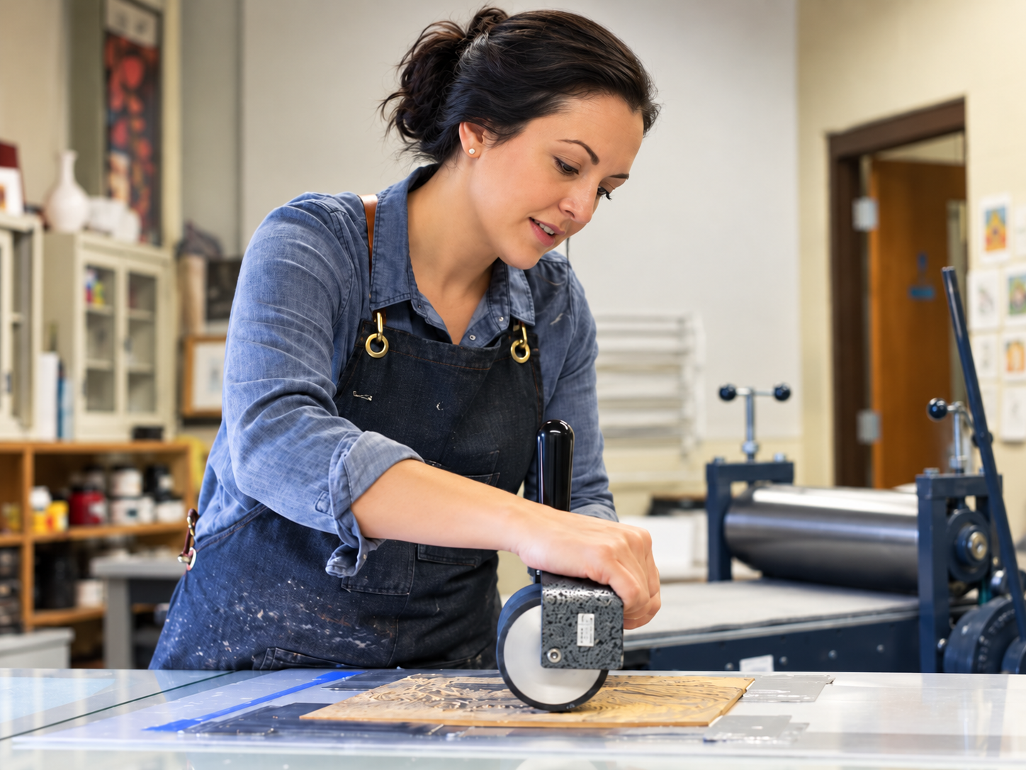 Danielle Burns using a brayer in the print studio