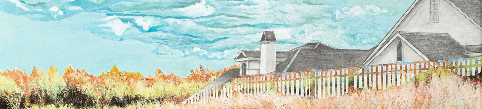Detail of Warmer by You, including the sky, house, fence and surrounding grasses