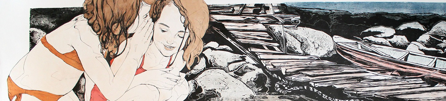 Detail of Private — two figures whispering in front of a woodcut landscape